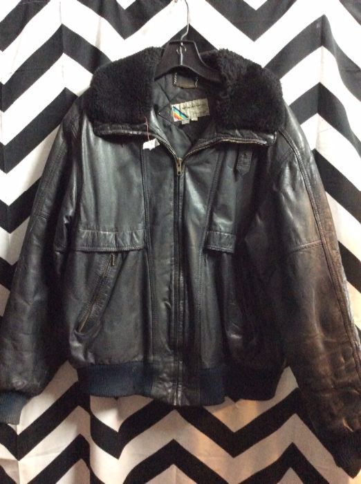 LEATHER BOMBER JACKET FAUX SHEERLING COLLAR 1
