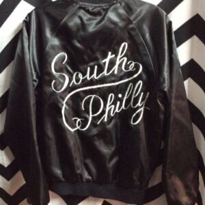 Photo detail:BASEBALL JACKET - SATIN - 8 BALL PATCH - SOUTH PHILLY LETTERING ACROSS BACK