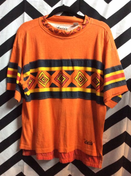 T SHIRT Aztec Orange Cross Collar Tribal Pattern 1