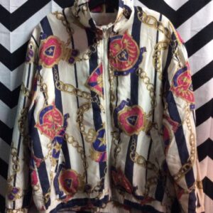 Photo detail:1990S BOMBER JACKET - SILK - BAROQUE DESIGN W/CHAIN PRINT