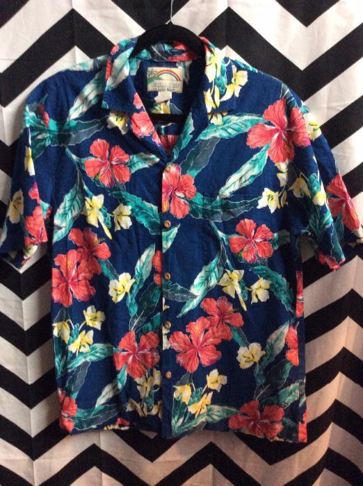 Dark Blue Hawaiian Shirt w/ tropical floral pattern 1