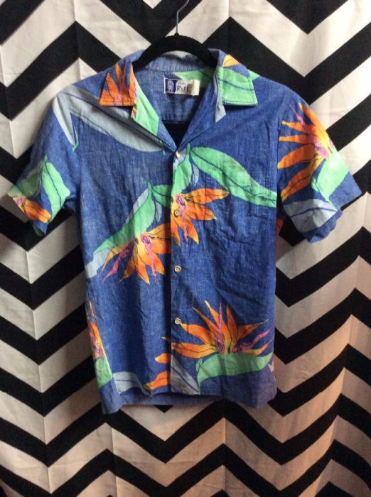 Faded Blue Hawaiian shirt w/ Birds of Paradise pattern 1