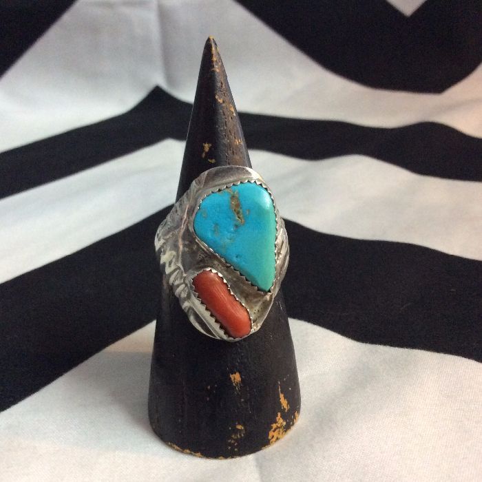 Vintage Large Native American Turquoise and Coral Ring 1