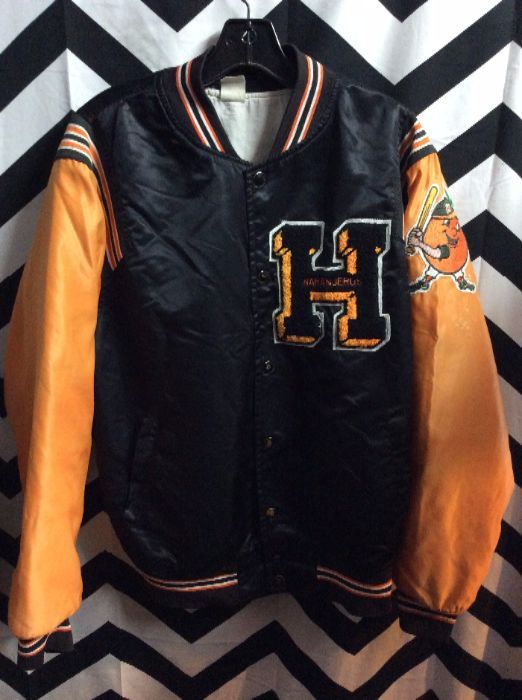 Varsity Satin button up baseball jacket H oranges 1