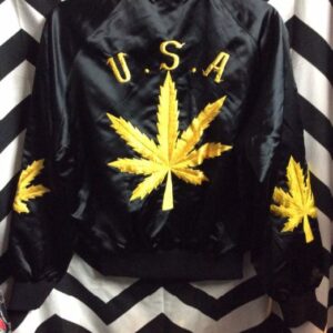 Photo detail:BOMBER JACKET - SATIN - ZIP-UP - EMBROIDERED DESIGN OF WEED LEAF & USA