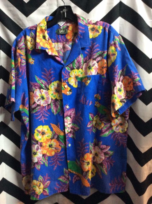 Hawaiian Shirt – Cotton – Parrot & Big Flower Design | Boardwalk Vintage