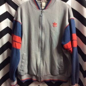 Photo detail:RETRO TRACK STYLE GRAY W/RED BLUE TRIM COTTON ADIDAS JACKET AS-IS