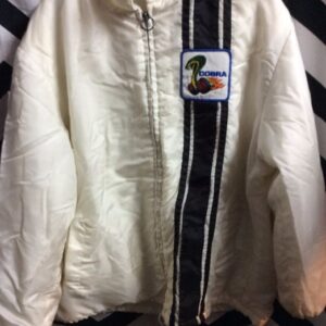 Photo detail:RETRO RACING STYLE JACKET - ZIP-UP - VERTICAL STRIPES LEFT FRONT W/COBRA PATCH AS-IS