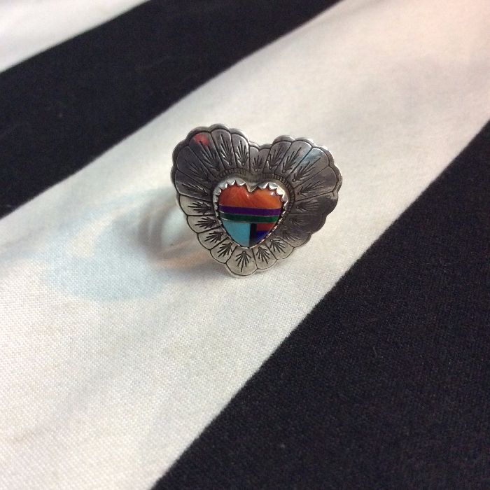 VTG Sterling NAVAJO signed Heart Mosaic Turquoise Ring 1