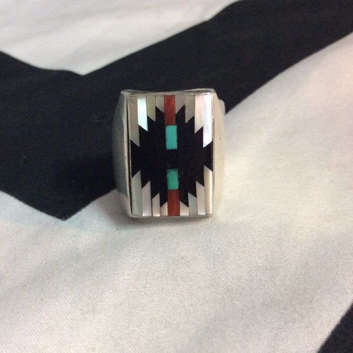 Vintage Sterling Silver Zuni INLAY Ring Rectangle *Signed 1
