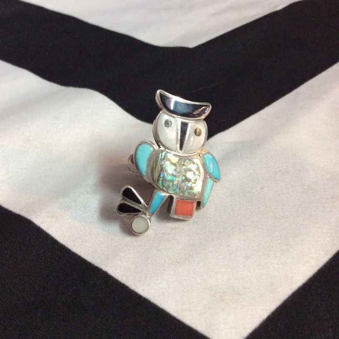 STERLING SILVER INLAY OWL RING (turquoise, coral, onyx, abalone) 1