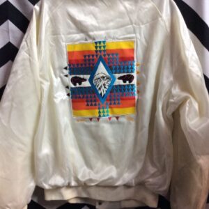 Photo detail:BASEBALL STYLE JACKET - SATIN - BUTTON UP - EMBROIDERED NAVAJO DESIGN