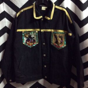 Photo detail:DENIM JACKET - EGYPTIAN SYMBOLS W/SEQUINS - GOLD TRIM