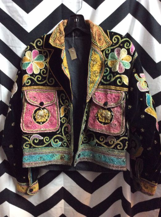 VELVET BUTTON UP JACKET W EMBROIDERED INDIAN PATTERNS 1
