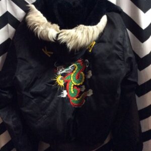 Photo detail:BOMBER JACKET -  HOOD W/FAUX FUR TRIM - EMBROIDERED DRAGON & KOREA/PAULA LETTERED ON FULL BACK