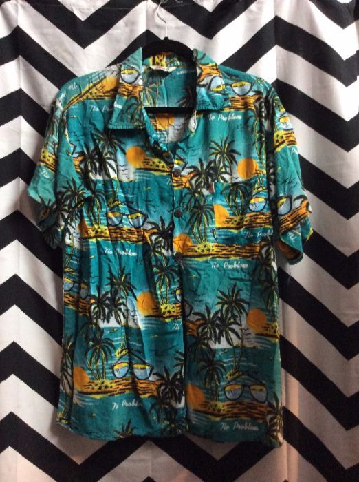 SS BD Hawaiian Shirt Teal Orange Suns Palm Trees Sunglasses Pattern 1