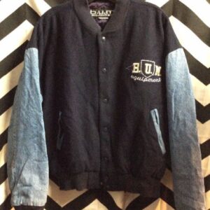 Photo detail:VARSITY JACKET - BUM EQUIPMENT - DENIM SLEEVES - PUFFED EMBROIDERY PATCH