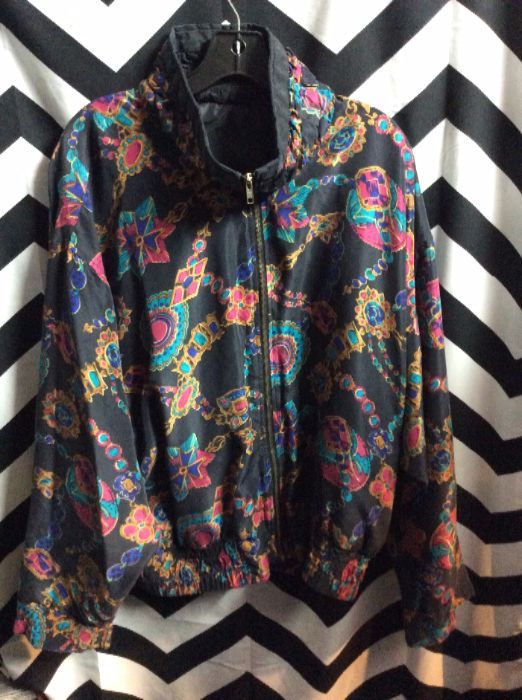 SILK ALLOVER JEWEL & CHAIN PRINTED BOMBER JACKET 1