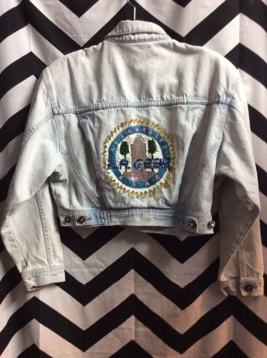 Cropped La Gear Denim Jacket Sequin Back Patch | Boardwalk Vintage