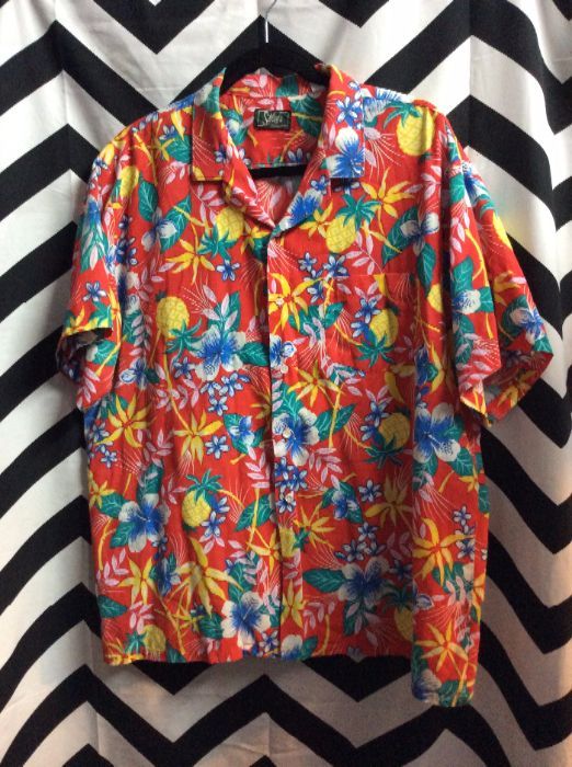 SS BD Pineapple Tropical Flowers Print Hawaiian Shirt 1