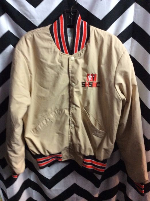 Tan Poly button up jacket with Brown Orange trim 1