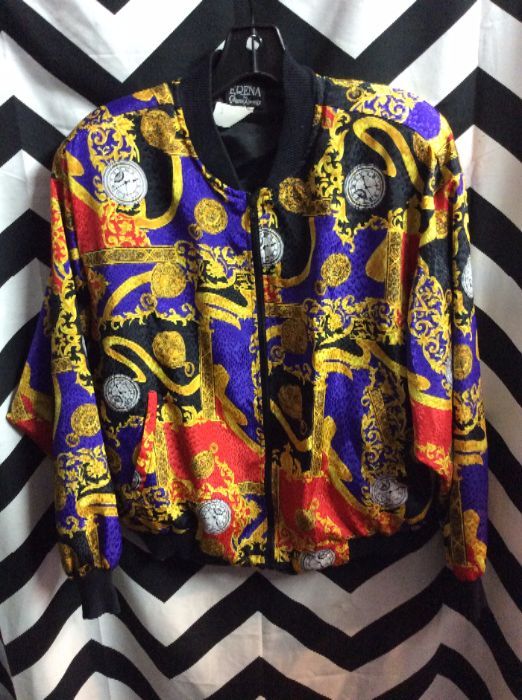 Baroque bomber jacket Purple / Red / Gold with clock print 1