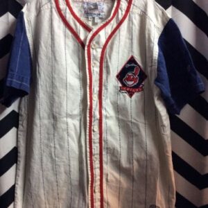 Photo detail:BASEBALL JERSEY - COTTON - CLEVELAND INDIANS - PINSTRIPED - 2-TONED - EMBROIDERED LOGO