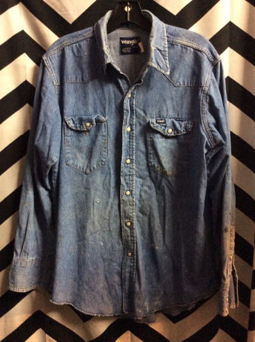 Wrangler Western Denim Shirt – Pearl Buttons – Extra Long Tails – Paint ...