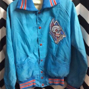 Photo detail:RETRO BASEBALL STYLE JACKET - SATIN - CIGARETTE SMOKING SKULL PATCH