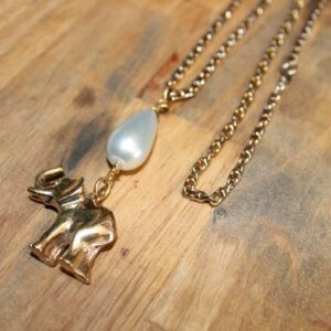 Photo detail:NECKLACE - ELEPHANT & PEARL DROP - GORGEOUS - LONG 2-TONE CHAIN