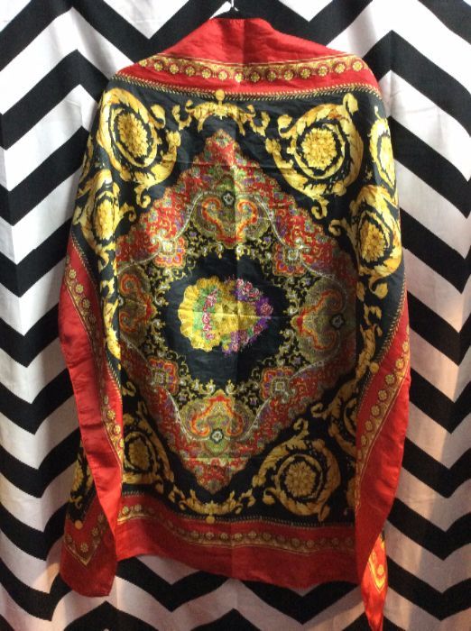 Silk Scarf Red Trim Gold Ancient Pattern Man Face 1