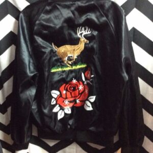 Photo detail:BASEBALL STYLE JACKET – SATIN – SCREEN PRINTED ROSE GRAPHIC ON BACK – EMBROIDERED DEER DESIGN ON CHEST & BACK