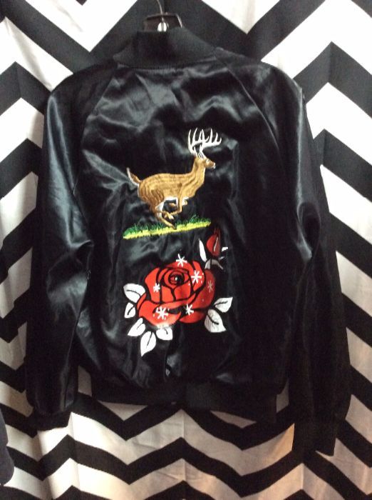 Black Satin button up deer embroidery jacket 1