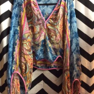 Photo detail:BLOUSE - SILK - PULLOVER - PEASANT STYLE - LONG OVERSIZED SLEEVES - MULTI-COLORED PRINT DESIGN