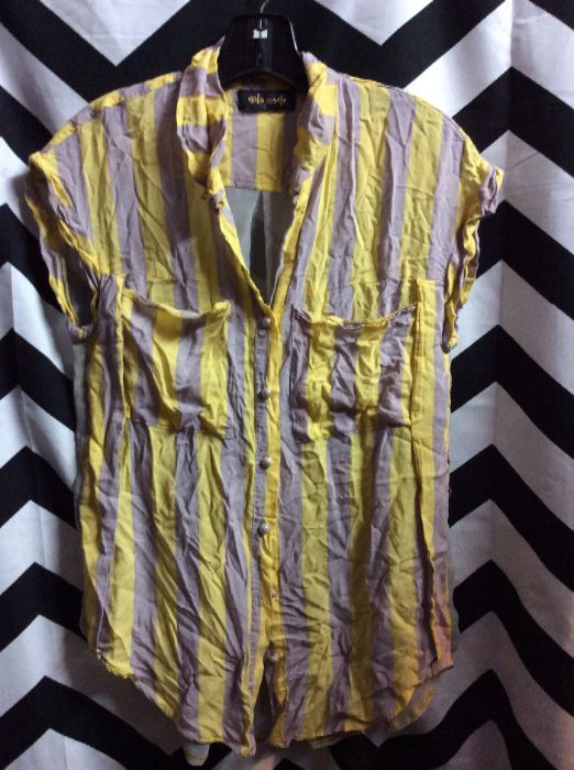 Yellow Grey Vertical Striped Cuff Sleeve Blouse Sheer Back 1