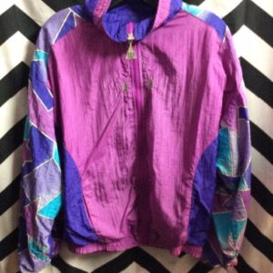 Photo detail:1990'S WINDBREAKER JACKET - ZIP-UP - GEOMETRIC PRINT - COLOR BLOCK DESIGN - EMBROIDERED DESIGN