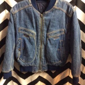 Photo detail:1980'S DENIM BOMBER JACKET - ZIP-UP - MULTIPLE FRONT POCKETS - REVERSIBLE - QUILTED INTERIOR/LINING