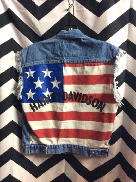 HARLEY DAVIDSON FRAYED VEST AMERICAN FLAG BACK PRINT 1