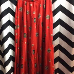 Photo detail:SKIRT - LONG - SILKY - FITTED WAIST - EMBLEM DESIGN PRINT