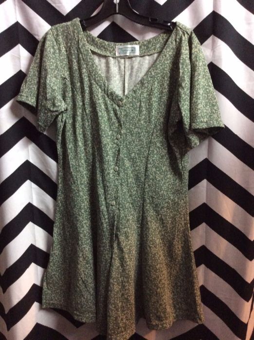 Dress Olive Green Flower Pattern Front Button Up 1