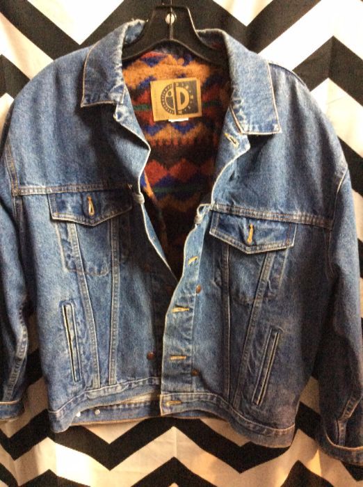 Denim Jacket with AZTEC BLANKET Snap in lining and Wolf design on back 1