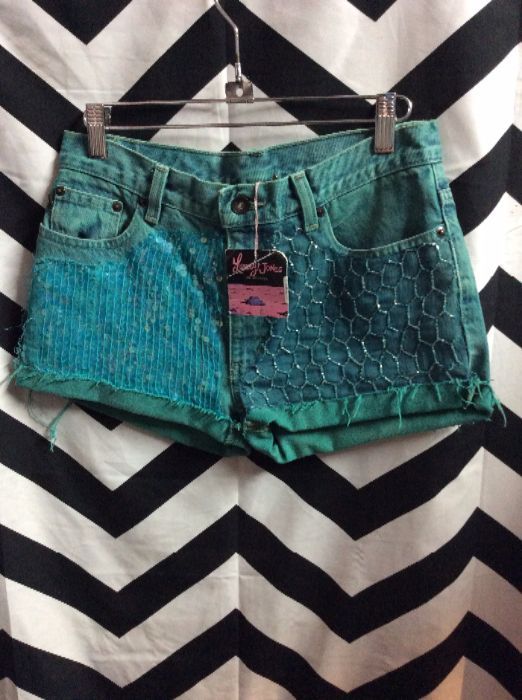 DENIM SHORTS - CUTOFF W/FRINGE AND ASSORTED STUDDED PATCHES 2