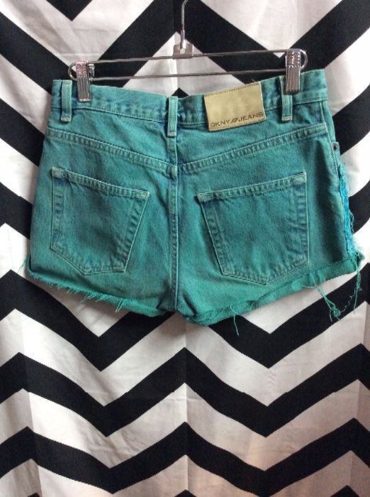 DENIM SHORTS - CUTOFF W/FRINGE AND ASSORTED STUDDED PATCHES 3