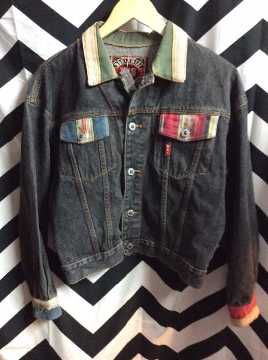 Vintage Black Denim Jacket Native American design Back Patch & Trim 1