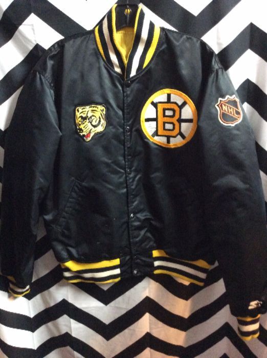 Starter Boston Bruins NHL Vintage 90s Sports Hooded Puffer Bomber Jacket,  Black / Yellow, Large