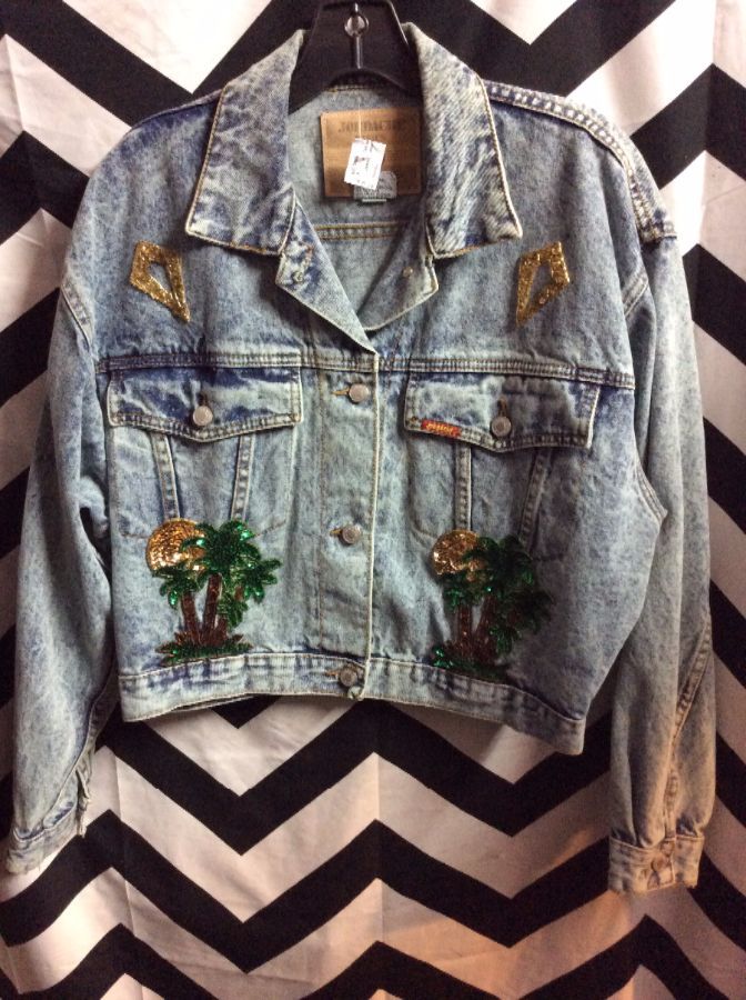 JORDACHE DENIM JACKET - CROPPED - SEQUIN APPLIQUE PATCHES - ACID WASHED 1