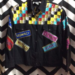 Photo detail:CUSTOM JACKET - BUTTON-UP - CHECKS IN DIAGONAL PATTERN, PATCHES W/QUOTES FRONT & BACK