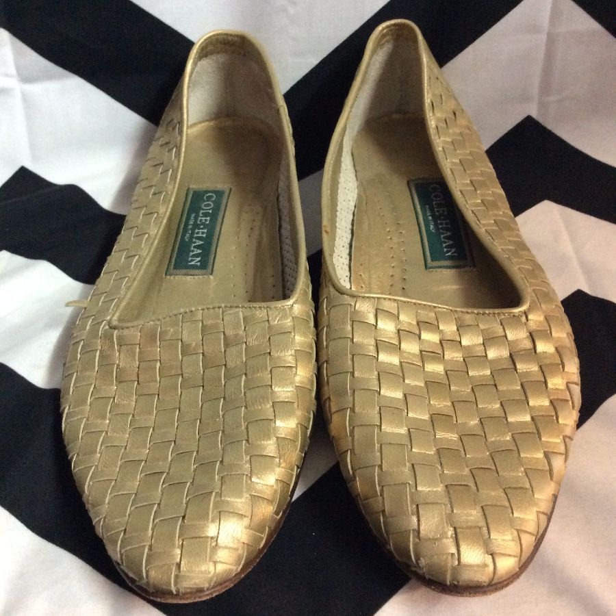 Slip On Woven Loafer Moccasin Shoes Gold Leather 1