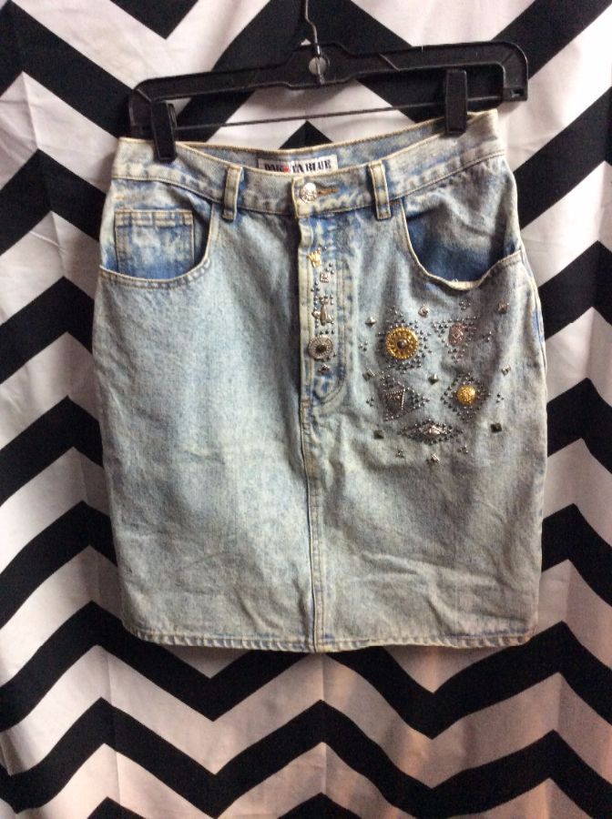 Denim Skirt – Zip-up – Bedazzled – Acid Wash | Boardwalk Vintage