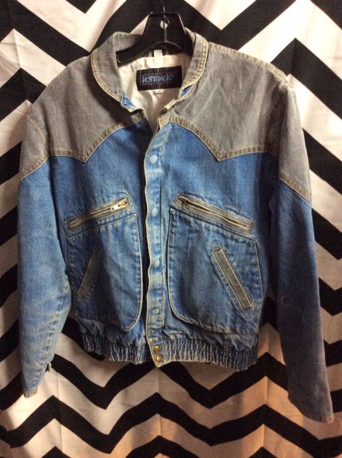 1980S-90S DENIM JACKET TWO-TONE DENIM FULLY LINED AND PRINTED INSIDE 1